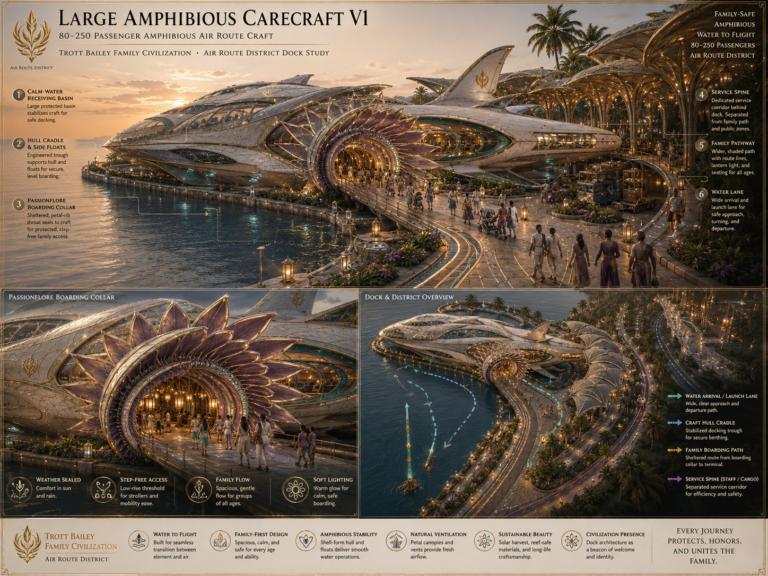 A futuristic “LARGE AMPHIBIOUS CARECRAFT VI” docked at a bustling, ornate port with people boarding via a “PASSIONFLORE BOARDING COLLAR” under a sunset sky.
