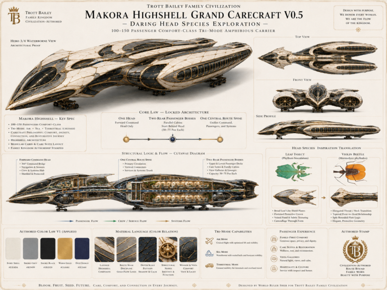 A detailed blueprint for the “Makora Highshell Grand Carecraft V0.5” shows a futuristic amphibious carrier from multiple angles, including a cutaway view revealing its interior cabins and systems, alongside design inspirations from a leaf insect and violin beetle.