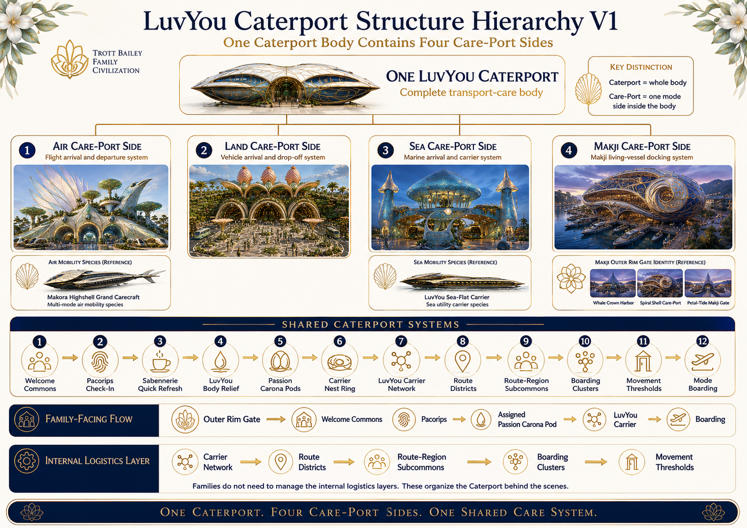 A detailed infographic titled “LuvYou Caterport Structure Hierarchy V1” showing a futuristic transport-care body with four care-port sides for air, land, sea, and living-vessel docking, along with shared caterport systems and family-facing and internal logistics flows.