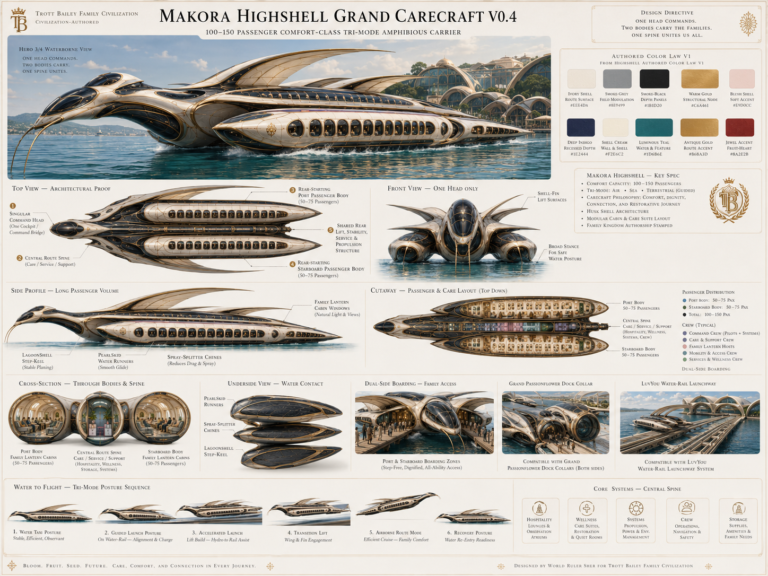 A detailed blueprint showcases the “Makora Highshell Grand Carecraft V0.4,” a luxurious 100-150 passenger tri-mode amphibious carrier, with various views, key specifications, and color palettes.