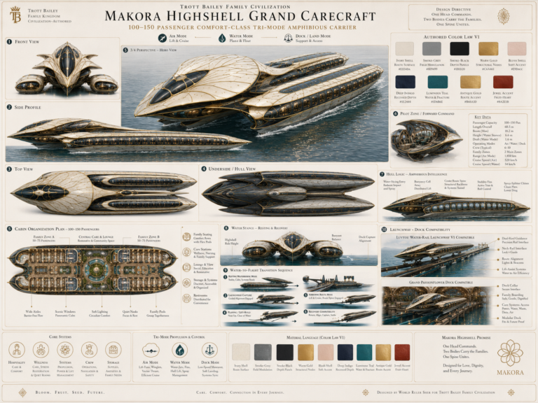 A detailed infographic showcases the “Makora Highshell Grand Carecraft,” a luxurious 100-150 passenger amphibious carrier, with multiple views, cabin plans, and technical specifications.