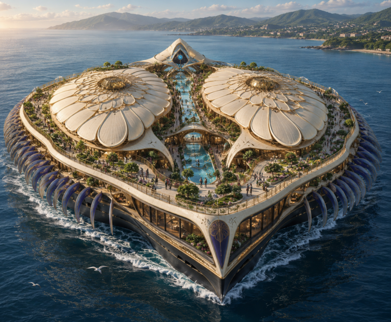 An aerial view of a futuristic, ornate cruise ship with two large, lotus-shaped domes, multiple pools, and lush gardens, sailing on blue ocean water with a coastline and mountains in the background.