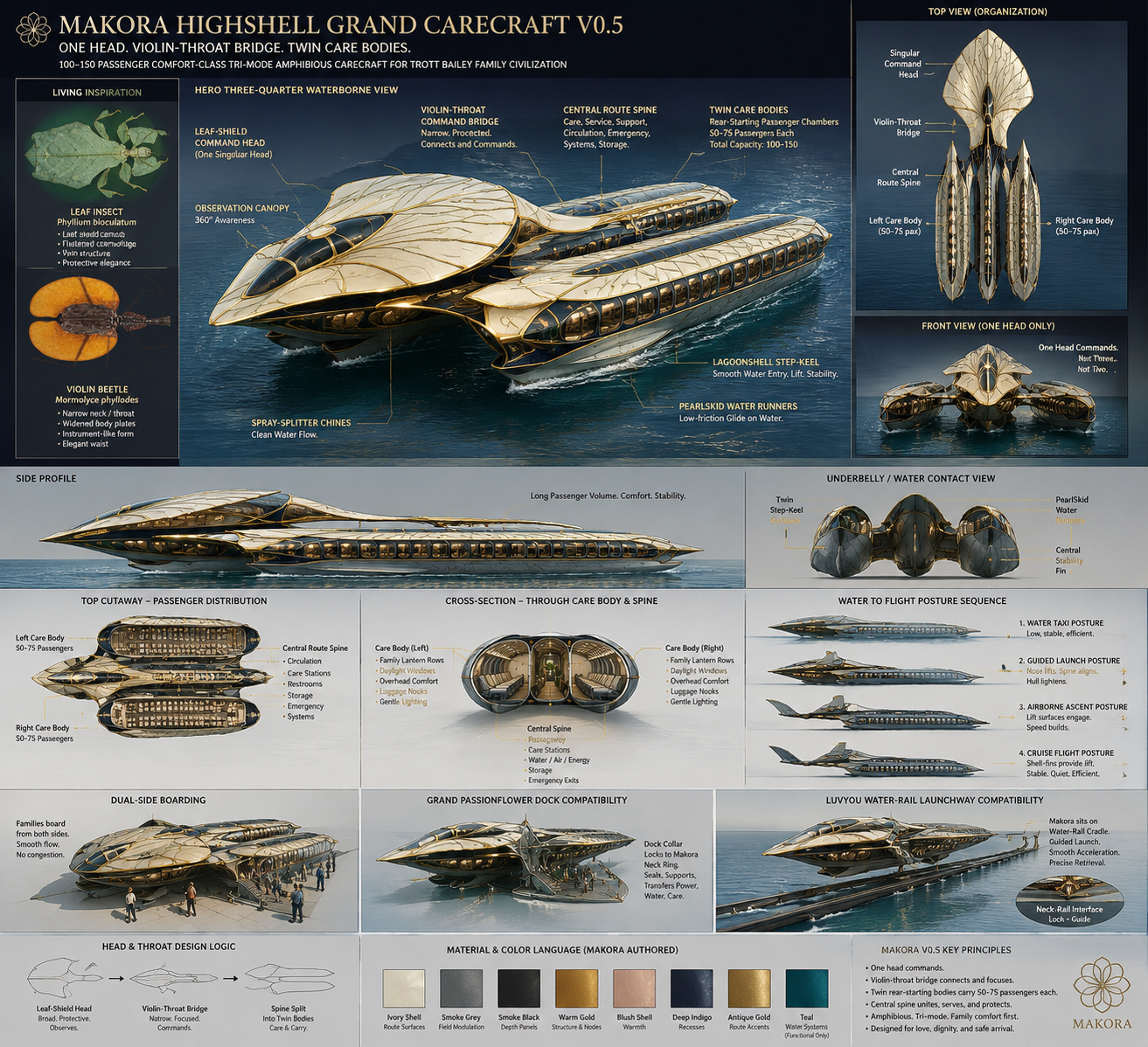 A detailed infographic showcases the “MAKORA HIGHSHELL GRAND CARECRAFT V0.5,” a luxurious tri-mode amphibious vessel with gold and dark accents, featuring various views, design inspirations, and technical specifications.