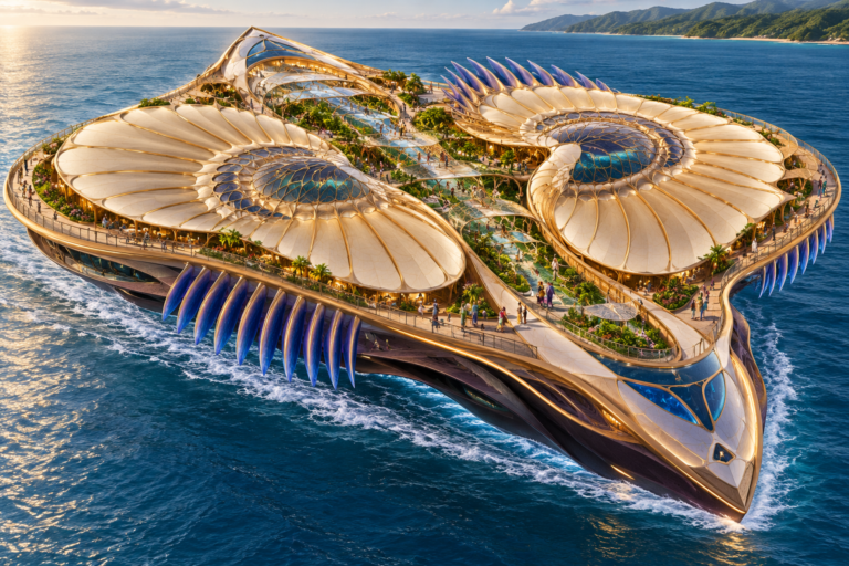 An aerial view of a futuristic, nautilus-shaped cruise ship with multiple decks, lush gardens, and people walking, sailing on blue ocean waters with a distant coastline.
