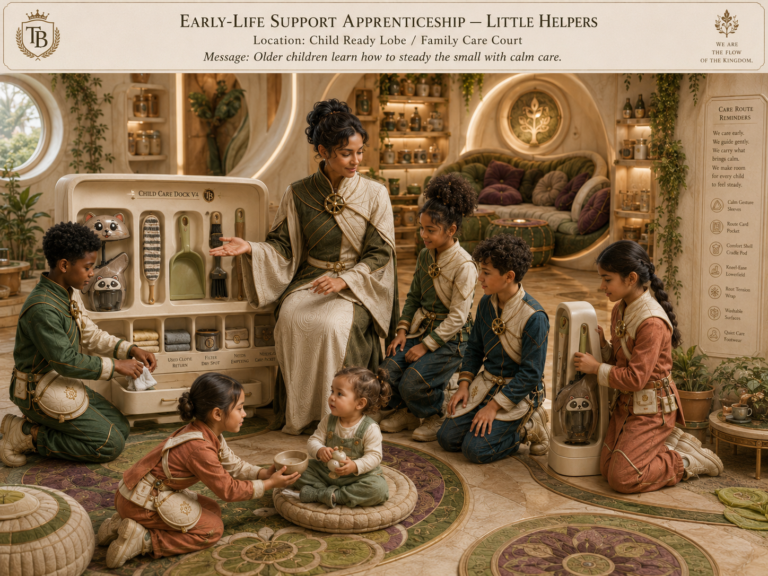 An adult woman in a white and green robe sits beside a “Child Care Dock” station, teaching five children in matching outfits how to care for a baby