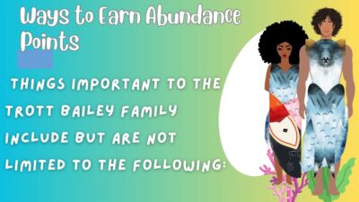 Rewards for Married Couples.Ways to earn Abundance Points. Things Important to the Trott Bailey family Include but are not limited to the following: