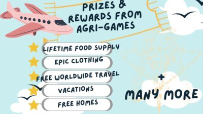 AgriGames Rewards for Married Couples.Here are some of the Prizes and Rewards from AgriGames and for users with Abundance Points. Vacations, Epic Clothing, Free Worldwide Travel, Lifetime Food Supply, Free Homes