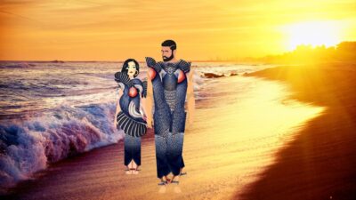 Matching fashion design clothing for loving husband and wives with wonderful gradient, use of fabric and print by the World Number One Fashion Designer Sher Trott Bailey. Royal Couple Fashion
