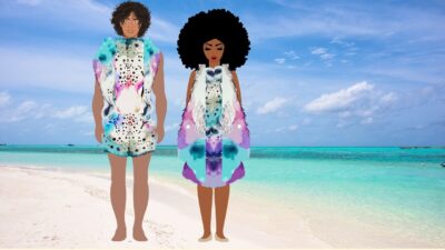 Matching fashion design clothing for loving husband and wives with wonderful gradient, use of fabric and print by the Genius Fashion Designer Sher Trott Bailey. relaxing fashion