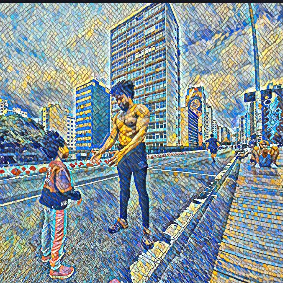Cool photo effect of world most muscular natural body dad playing with princess Keilah on the walking bridge in Sao Paulo.
