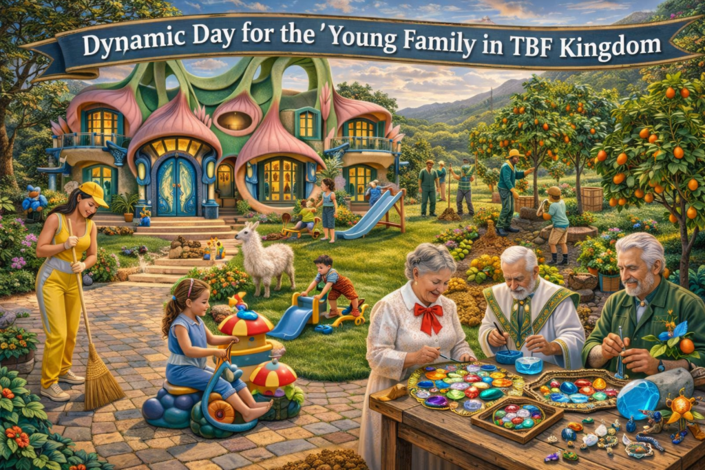 Dynamic day for the Young family in TBF Kingdom on their family compound. Grandma and grandpa using their talent to make precious stones and mosaics. harvesters helping to maintain the family orchard, mom sweeping the walkway while kids pay with custom kezidek toys and the family lama looking on. the house spectacularly architectured by sher trott bailey.