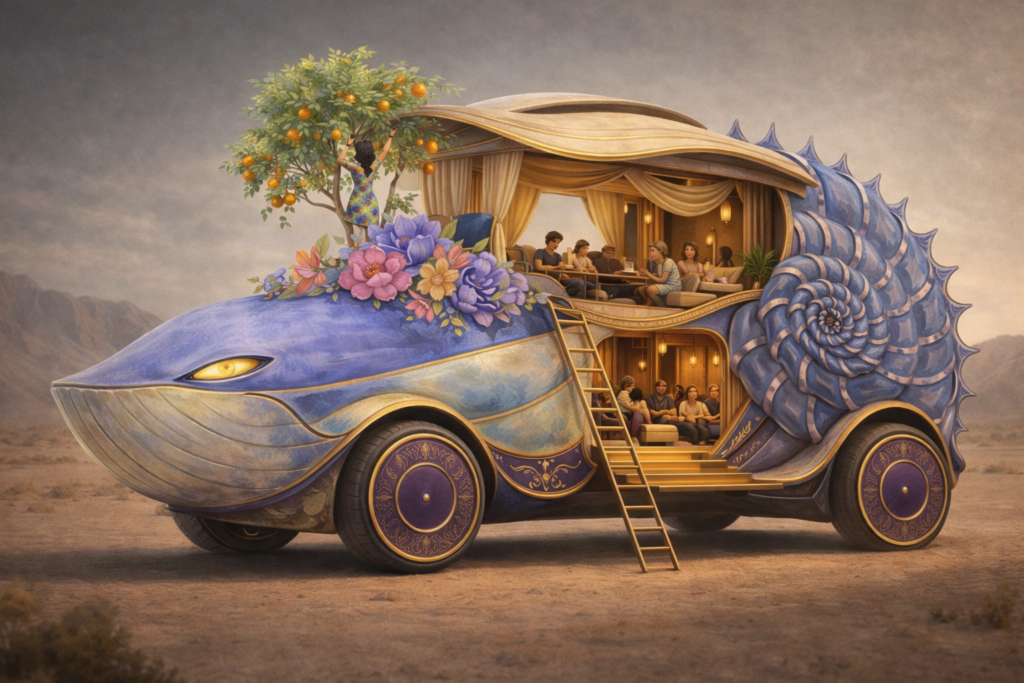 Trott Bailey Family Makji foundational model with crescent shall on the back, orchard on the fronnt, shark face and tent cozy home transform. a regal amphibious vehicle that can traverse both land and water and be transformed into a house beautiful sleek and practical.