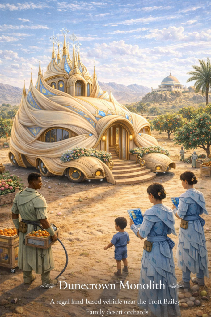 Trott Bailey Family Makji Dunecrown Monolith model a regal land based vehicle near the trott bailey family desert orchards. amphibious vehicle that can traverse both land and water and be transformed into a house beautiful sleek and practical.
