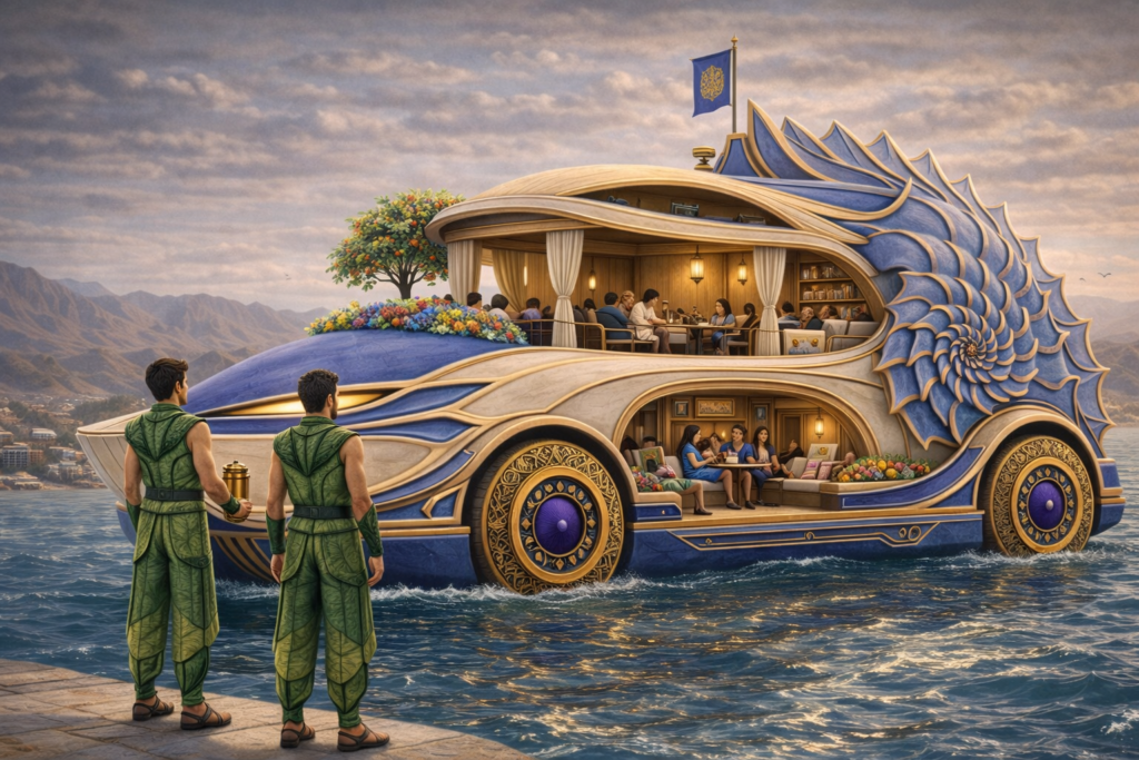 Trott Bailey Family Makji amphibious vehicle that can traverse both land and water and be transformed into a house beautiful sleek and practical.