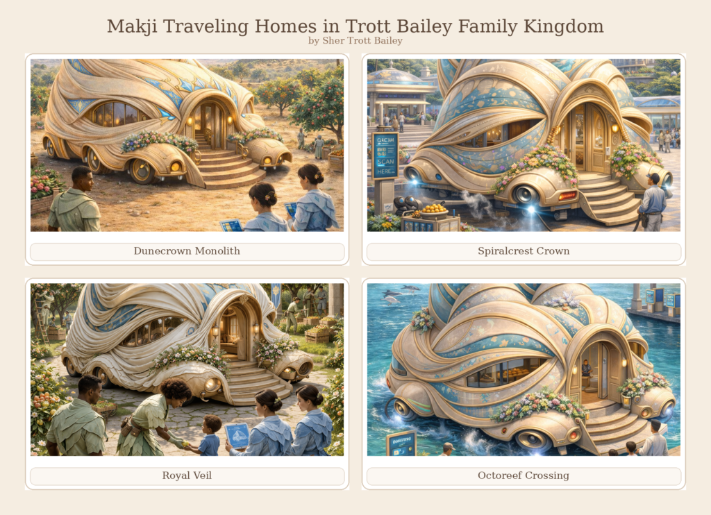 Trott Bailey Family Makji 4 image catalog featuring Dunecrown Monolith, Spíral crest crown, royal veil and octoreef crossing model a regal amphibious vehicle that can traverse both land and water and be transformed into a house beautiful sleek and practical.