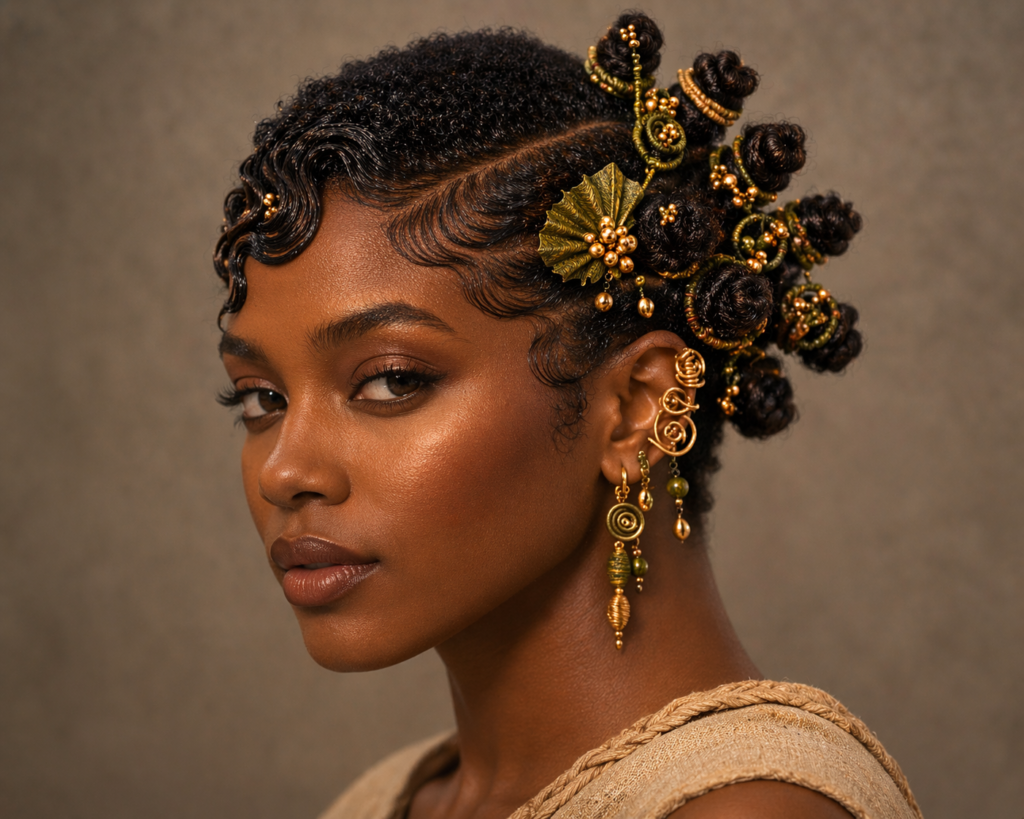 Epicure style designed and created by Sher Trott Bailey with beautiful ornaments go with jewels and baby hair well set hair style