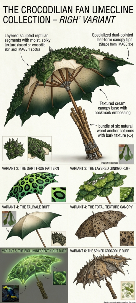 The crocodilian fan umecline unique umbrellas by sher trott Bailey. Texture cream canopy base with pockmark embossing. Bundle of six natural wood with natural wood bark texture forms the anchor column. Variance 2 is the dart frog pattern polka dot. Variant 3 is the layered ginkgo rough. Variant 4 is the fally Wally rough. Variant 5 is the total texture canopy look like leopard skin. . 5 is the bioluminescent night rough. The last variant is the spiky spine crocodile crop ruff.