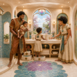 A family of four, dressed in ornate robes, smiles in a luxurious, fantasy-inspired bathroom with a unique house-shaped shower and a floral window overlooking a lush landscape.