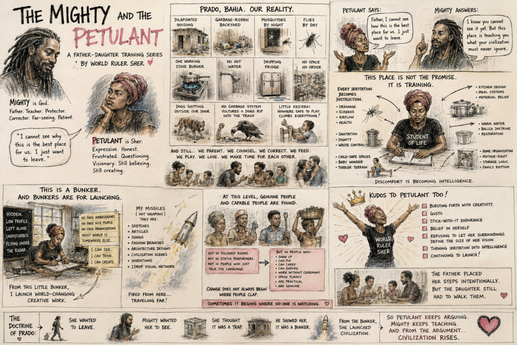 A detailed comic strip titled "The Mighty and The Petulant" illustrates a father-daughter training series by World Ruler Sher, depicting their contrasting views on life in a challenging environment.