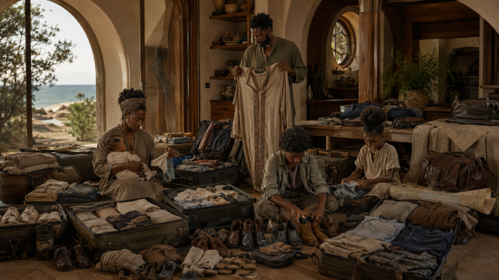 A family of four, including a mother holding a baby, a father, and two children, pack multiple suitcases with clothes and shoes in a rustic room with large arched windows overlooking the ocean
