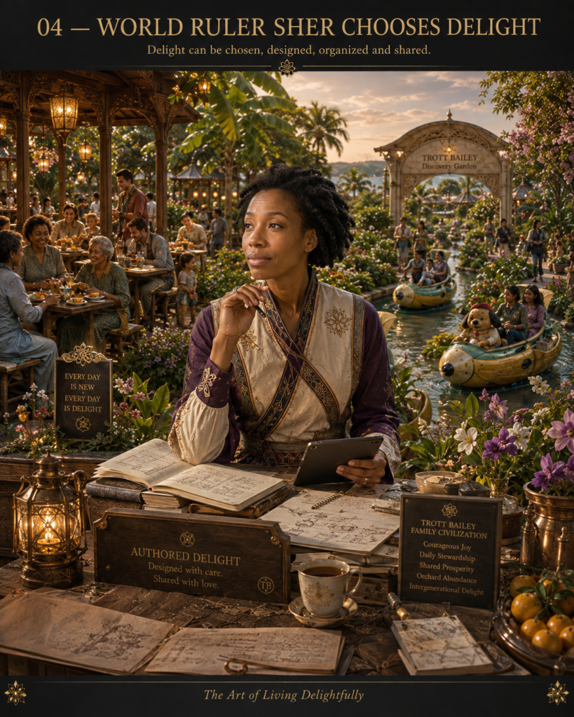 A woman with dark curly hair, wearing a purple and cream tunic, sits at a wooden desk with open books and a tablet, looking thoughtfully at a vibrant garden with people dining and boating