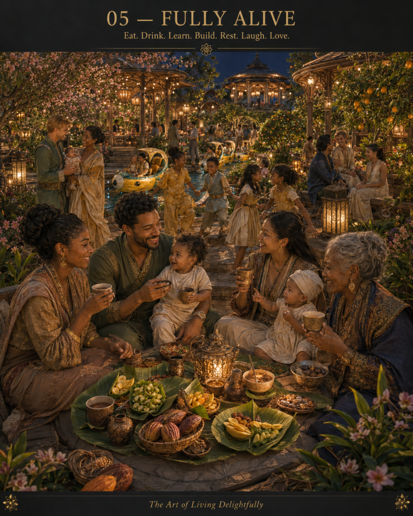 A multi-generational family enjoys a picnic with children, adults, and elders sharing food and drinks in a lush, illuminated garden at dusk, with the text "05 — FULLY ALIVE Eat. Drink. Learn. Build. Rest. Laugh. Love." and "The Art of Living Delightfully