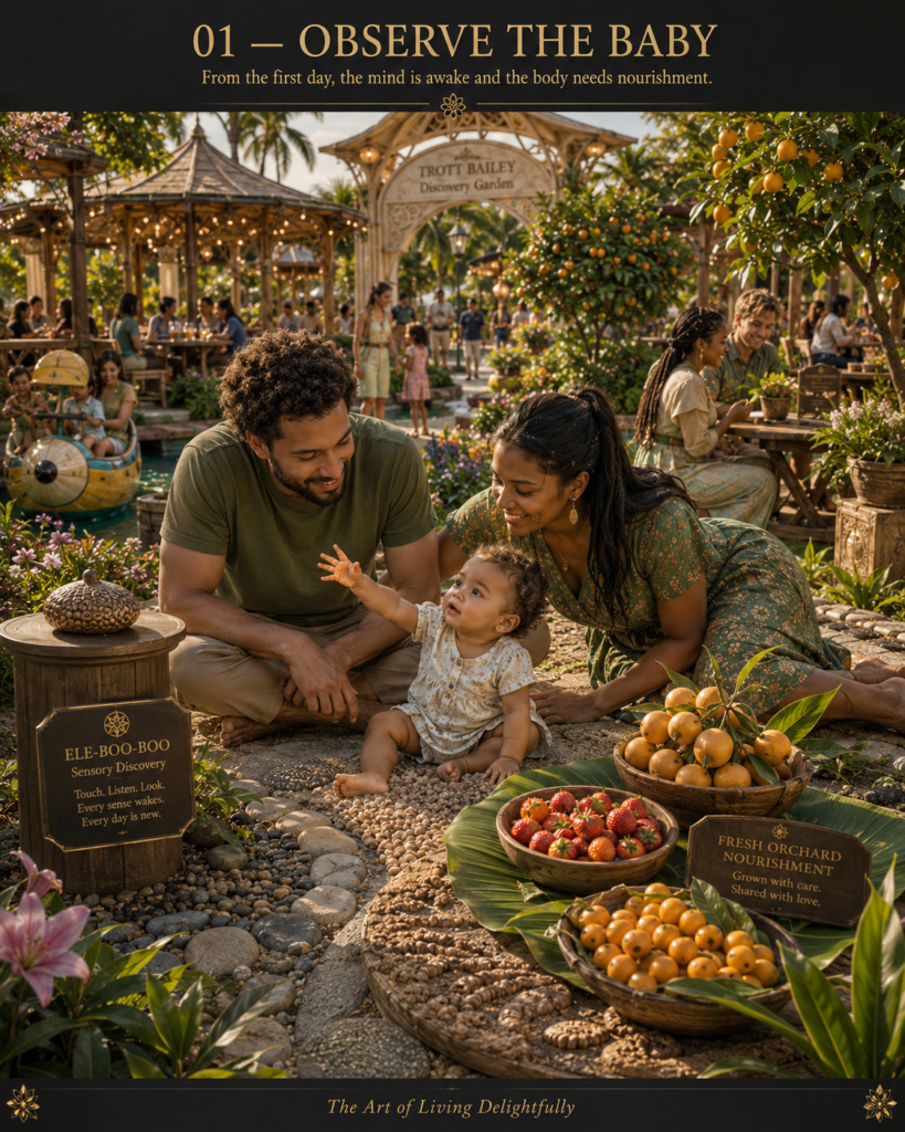 A smiling couple sits on a pebbled path in a lush garden, looking at their baby who reaches out, surrounded by bowls of fresh fruit