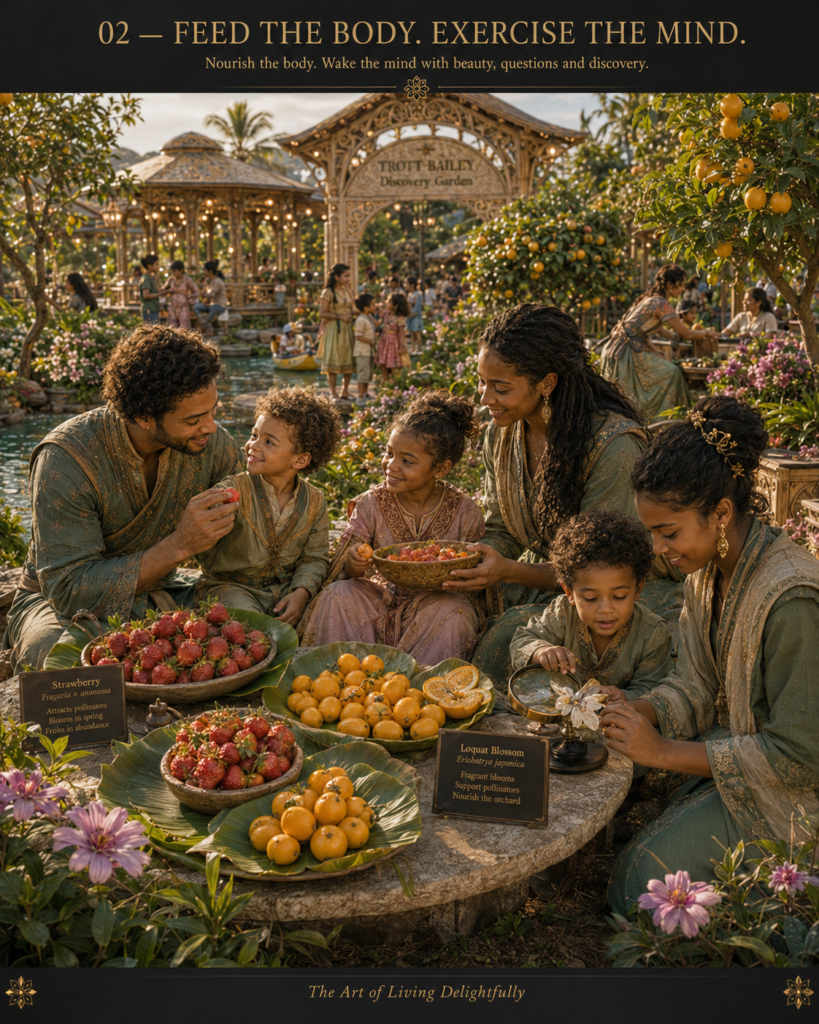 A family of five, dressed in ornate green and pink clothing, gathers around a stone table laden with bowls of strawberries and loquats in the "Trott Bailey Discovery Garden