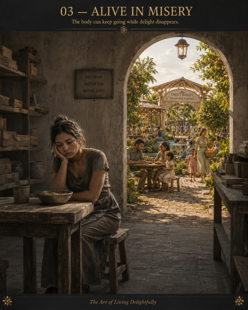 A somber woman sits alone at a wooden table in a dim room, looking out through an archway at a vibrant, bustling "Trott Bailey Discovery Garden" filled with people enjoying themselves