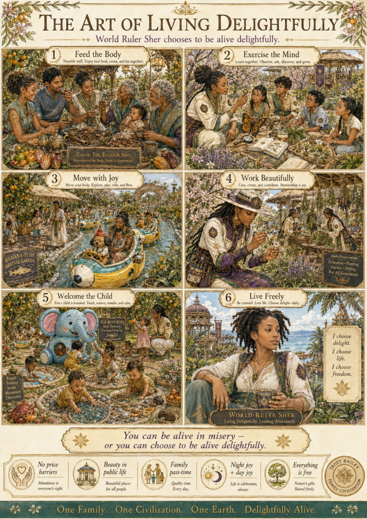 A vibrant, detailed illustration titled "The Art of Living Delightfully" depicts six scenes of people of all ages engaging in joyful activities like sharing food, learning, playing, gardening, and relaxing by the ocean