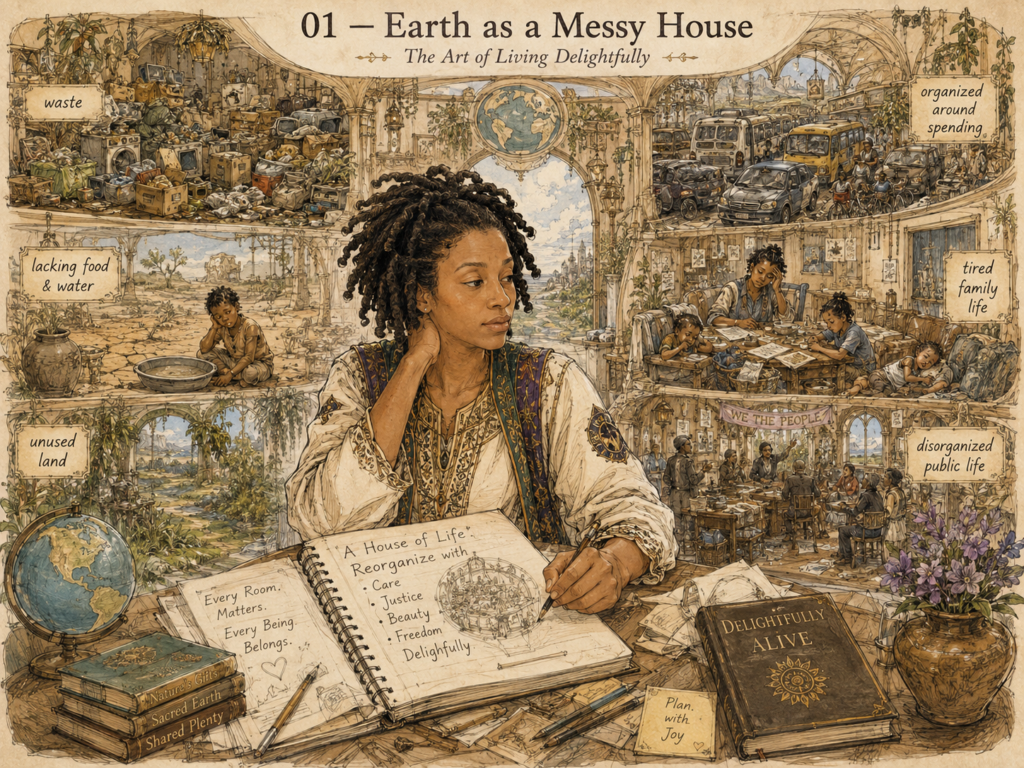 A woman with dreadlocks sketches in a notebook titled "A House of Life" on a desk with books and a globe, surrounded by detailed vignettes depicting global issues like "waste," "lacking food & water," "tired family life," and "disorganized public life