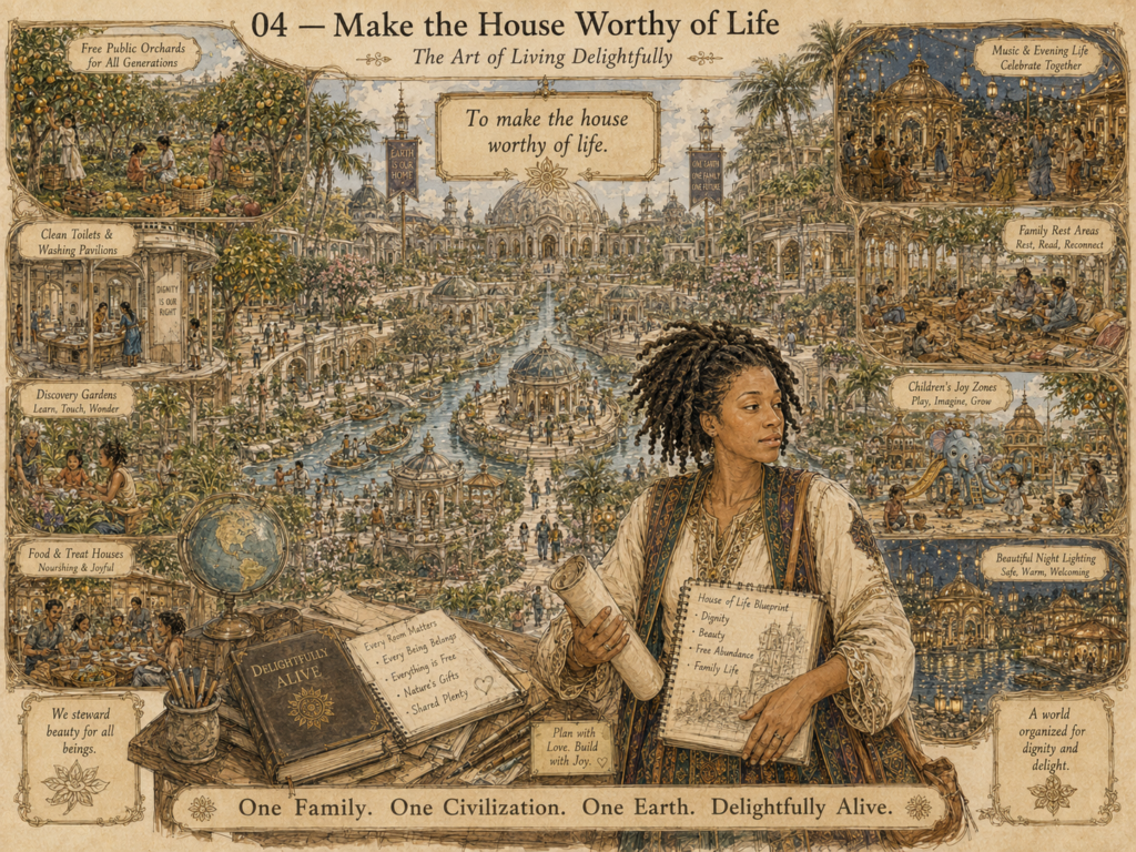 A woman with dark curly hair holds a rolled blueprint and a sketchpad titled "House of Life Blueprint" against a background of a utopian city with various scenes of community life
