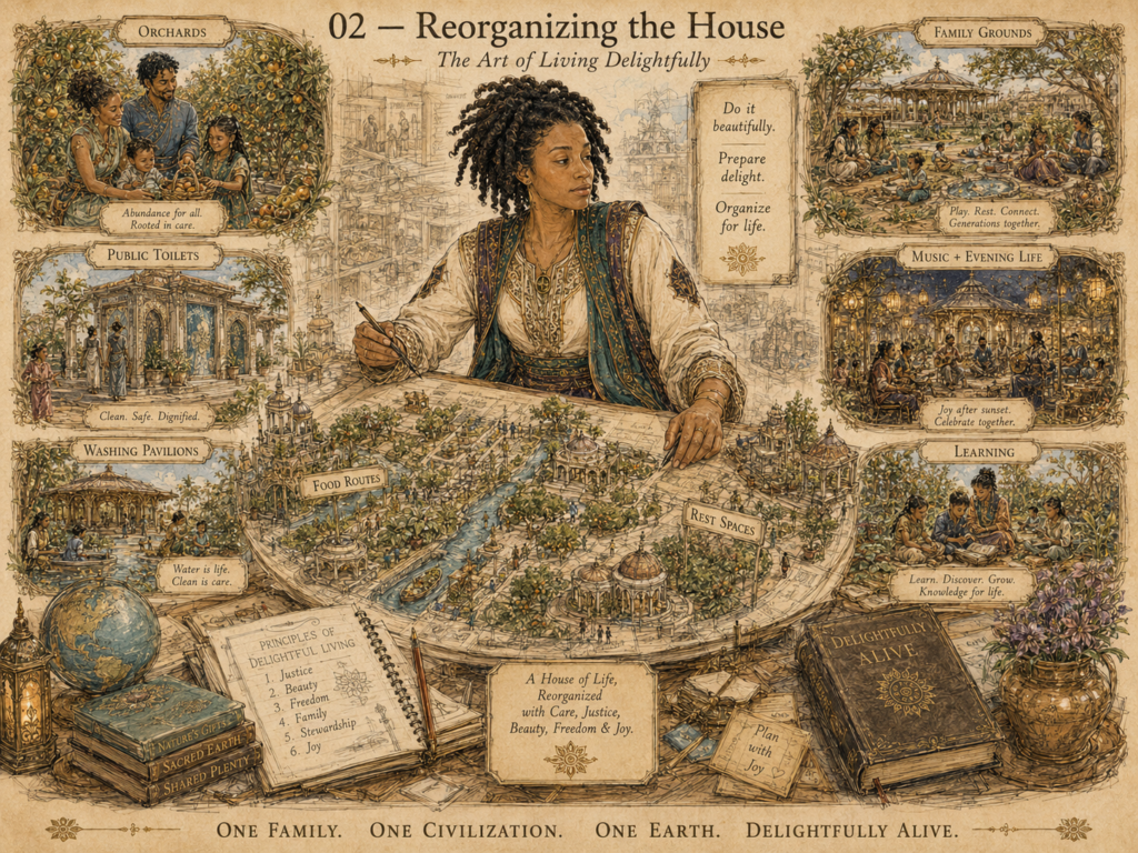 A woman with dark curly hair and a patterned tunic draws on a large map of a utopian community, surrounded by detailed vignettes of "Orchards," "Public Toilets," "Washing Pavilions," "Family Grounds," "Music + Evening Life," and "Learning," with a notebook titled "Principles of Delightful Living" and a book "Delightfully Alive" nearby