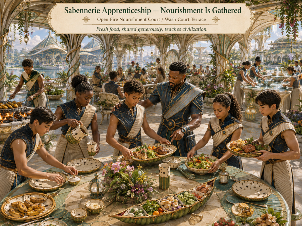 People in ornate clothing serve food at a long table, with a man carving meat and others pouring drinks and arranging dishes, under a banner reading "Sabenerrie Apprenticeship – Nourishment Is Gathered