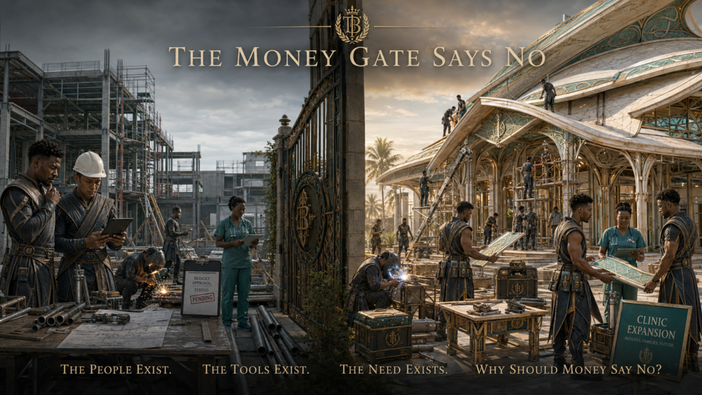 A split image shows a construction site with "BUDGET APPROVAL STATUS: PENDING" on the left, and a grand, ornate building under construction with "CLINIC EXPANSION" on the right, separated by a large gate