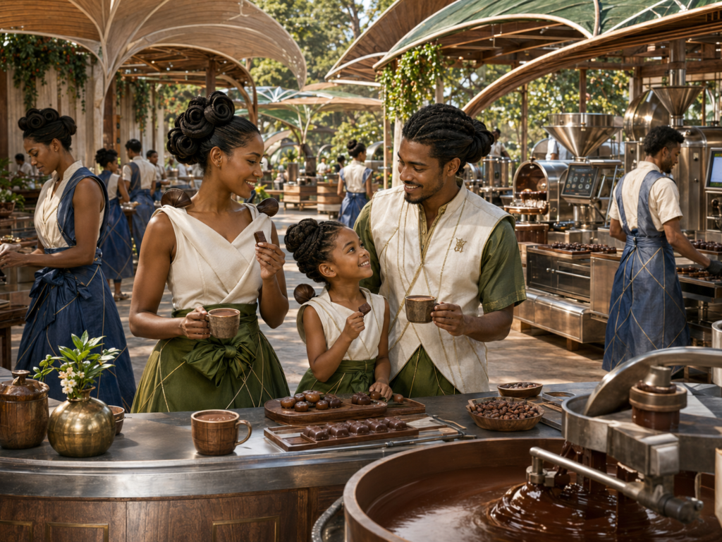 A smiling family, dressed in elegant cream and green attire, enjoys chocolate and drinks at a bustling outdoor cocoa processing facility