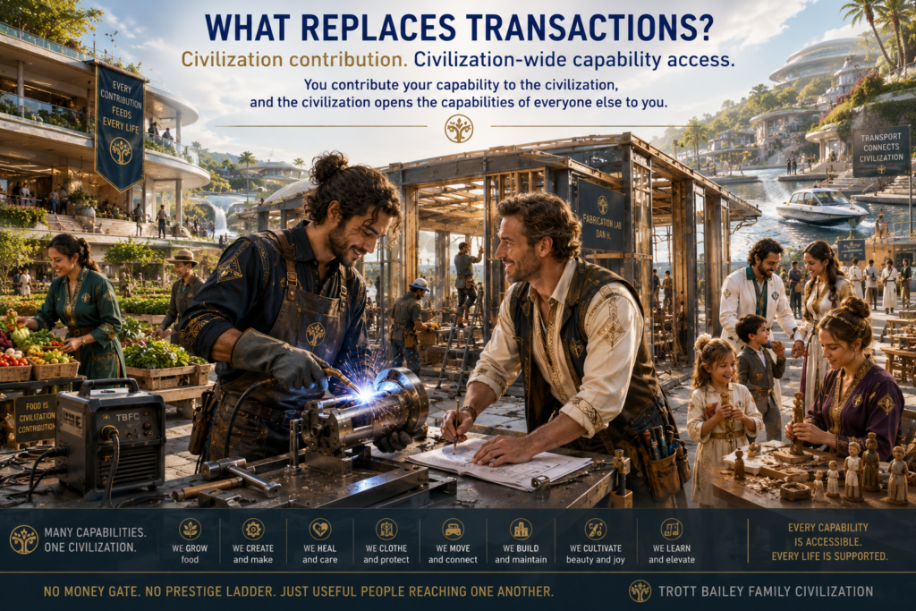 A futuristic civilization thrives with people engaged in various activities like welding, farming, and crafting, illustrating the concept of "Civilization contribution" and "Civilization-wide capability access