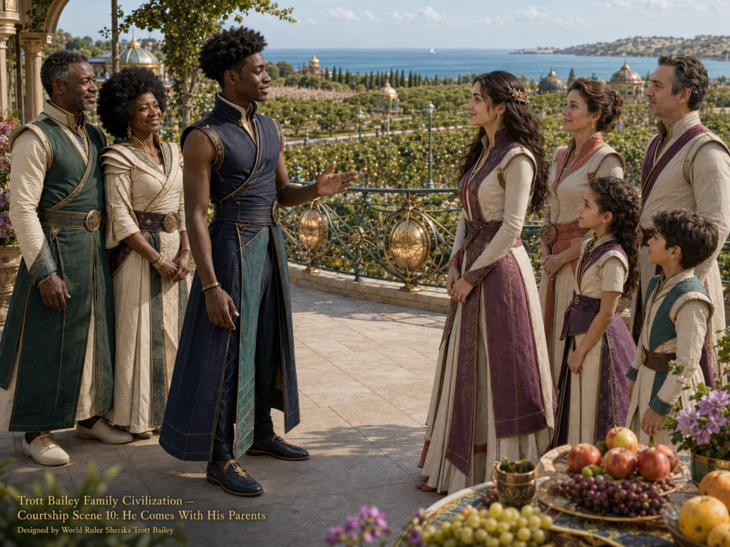 A young man in a blue tunic gestures towards a woman in a cream and purple dress, as both stand on a balcony with their families, overlooking a lush garden and ocean