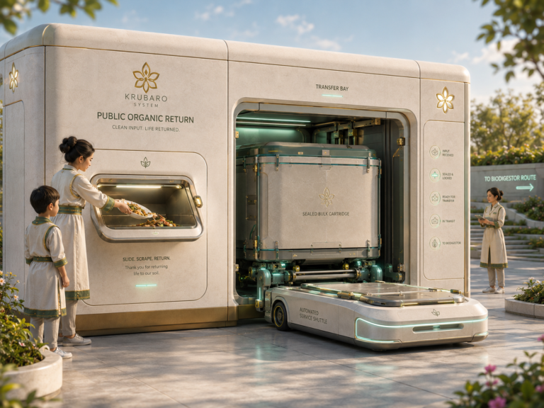 A woman and child in matching robes deposit organic waste into a “KRUBARO SYSTEM PUBLIC ORGANIC RETURN” machine, while an “AUTOMATED SERVICE SHUTTLE” prepares to transport a “SEALED BULK CARTRIDGE” to a “BIODIGESTOR ROUTE