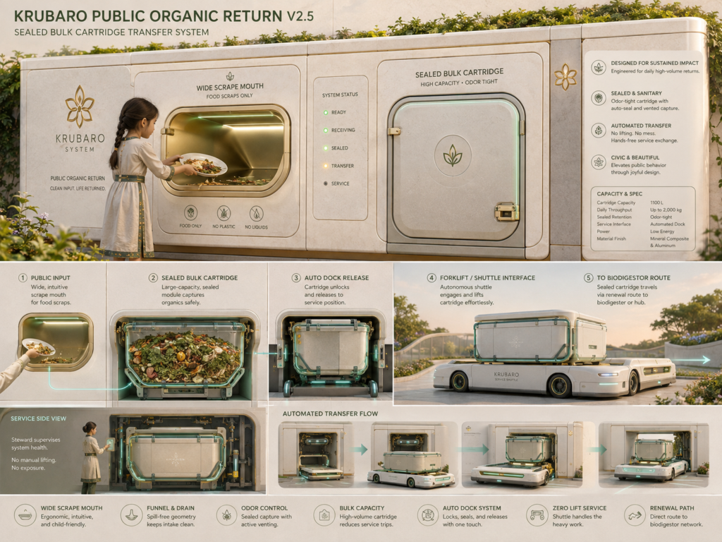 A young girl deposits food scraps into a "KRUBARO PUBLIC ORGANIC RETURN V2.5" system, with diagrams illustrating the "SEALED BULK CARTRIDGE TRANSFER SYSTEM" and automated organic waste processing