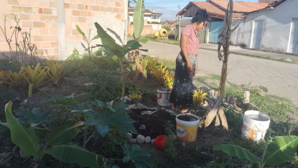 A woman with curly hair and a patterned skirt stands in a garden with a pile of soil, buckets, and various plants, including banana trees and bromeliads, under a bright sky
