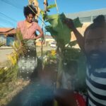 A man in a striped shirt takes a selfie while a woman in a patterned skirt and red shirt pulls weeds from the ground in a sunny, rural setting