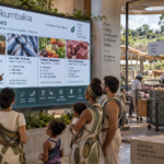 A family, including a man, woman, and two children, stands in a market looking at a large digital display showing "Wokumbakia Food News" with options for "Goat Processing," "Live Fish Arrivals," "Orchard Abundance," and "Cattle Processing