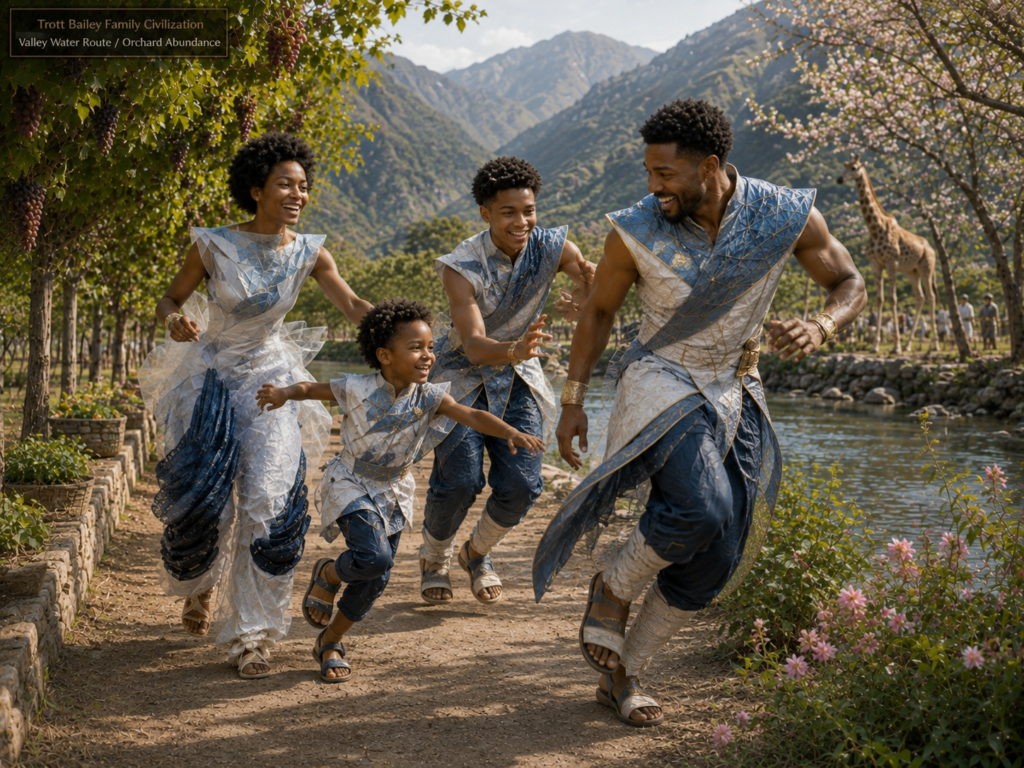 A joyful Black family of four, dressed in futuristic white and blue garments, runs along a dirt path beside a river with mountains and a giraffe in the background