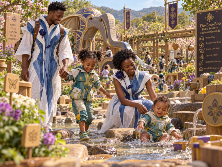 A smiling family of four, dressed in blue and white robes, plays in a shallow stream at the Ele-Boo-Boo Baby Sensory Orchard Grounds, with an ornate elephant archway in the background