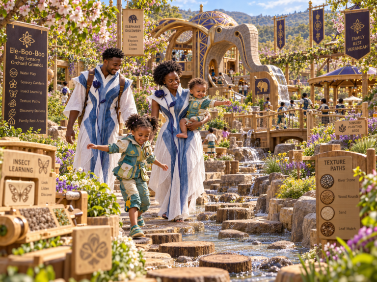 A family of four, dressed in blue and white robes, walks through a lush “Ele-Boo-Boo Baby Sensory Orchard Grounds” with waterfalls, wooden bridges, and “Texture Paths” signs