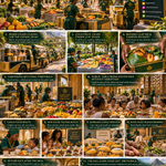 A twelve-panel infographic titled "Food Movement Is Part of Abundance" details the journey of food from Keslev Dispatch Courts to Sabennerie Receiving Thresholds, with images of food preparation, delivery, and consumption