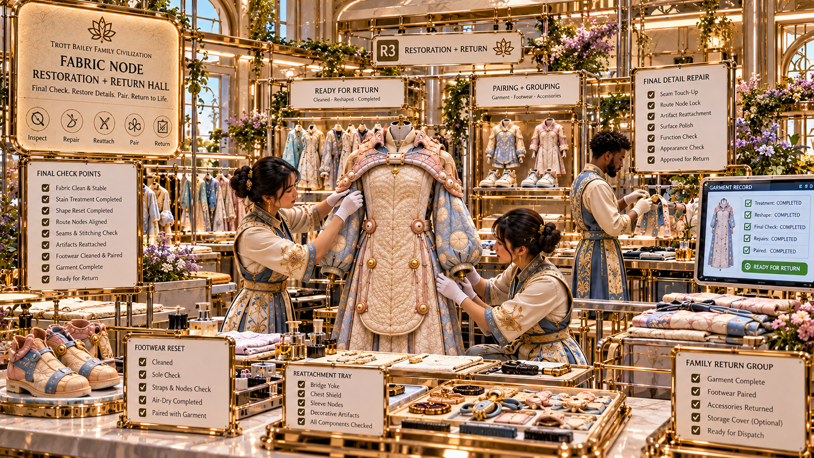 Two women and one man, dressed in ornate blue and gold uniforms, meticulously work on elaborate garments and accessories in a luxurious "Fabric Node Restoration + Return Hall" with multiple informational signs