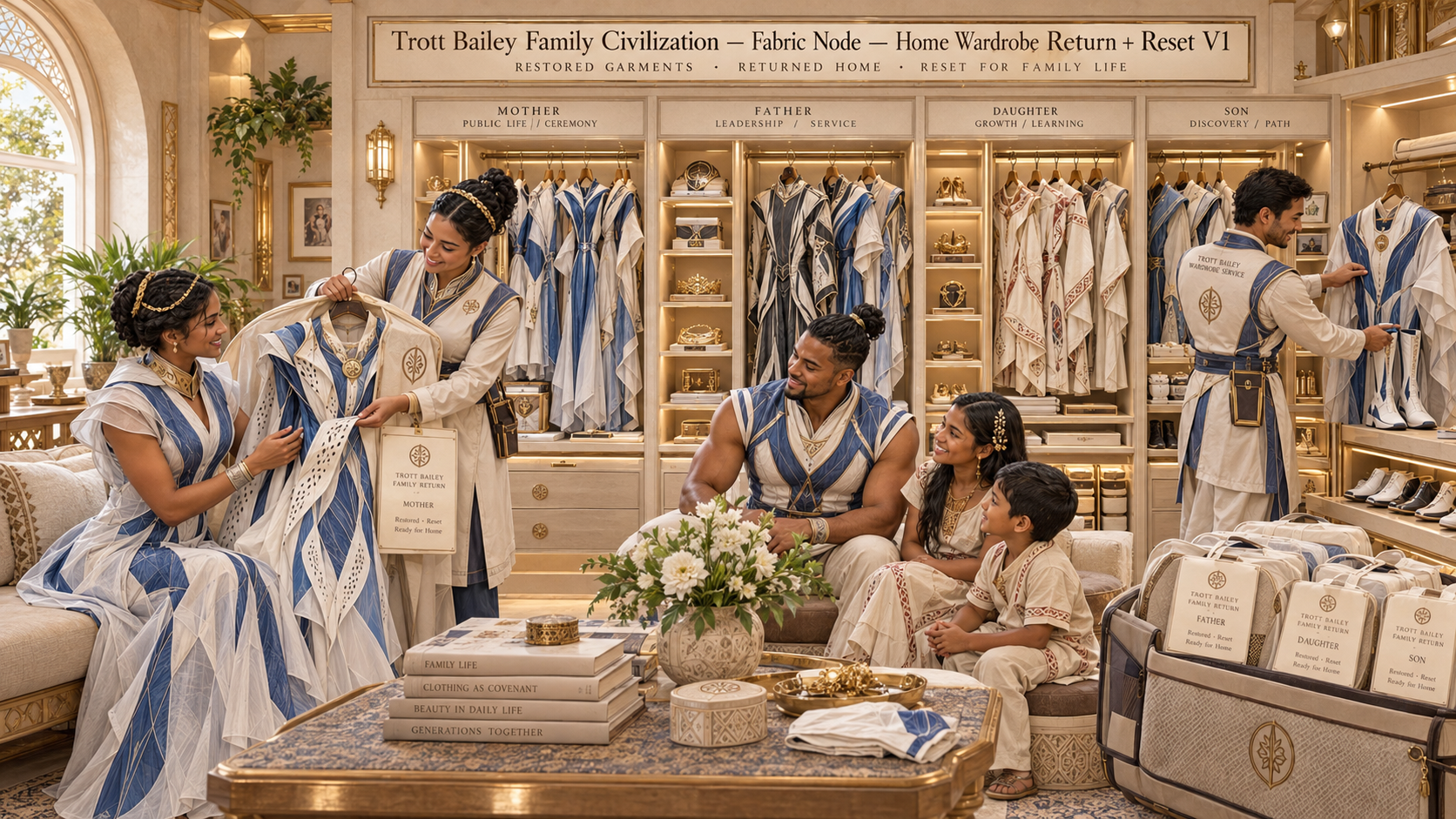 A family in elegant white and blue garments receives freshly restored clothing from "Trott Bailey Wardrobe Service" in a luxurious home closet