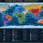 A detailed world map titled "Trott Bailey Family Civilization – Earth Civilization Systems V1" displays various colored districts, global gateways, and interconnected networks representing a future Earth